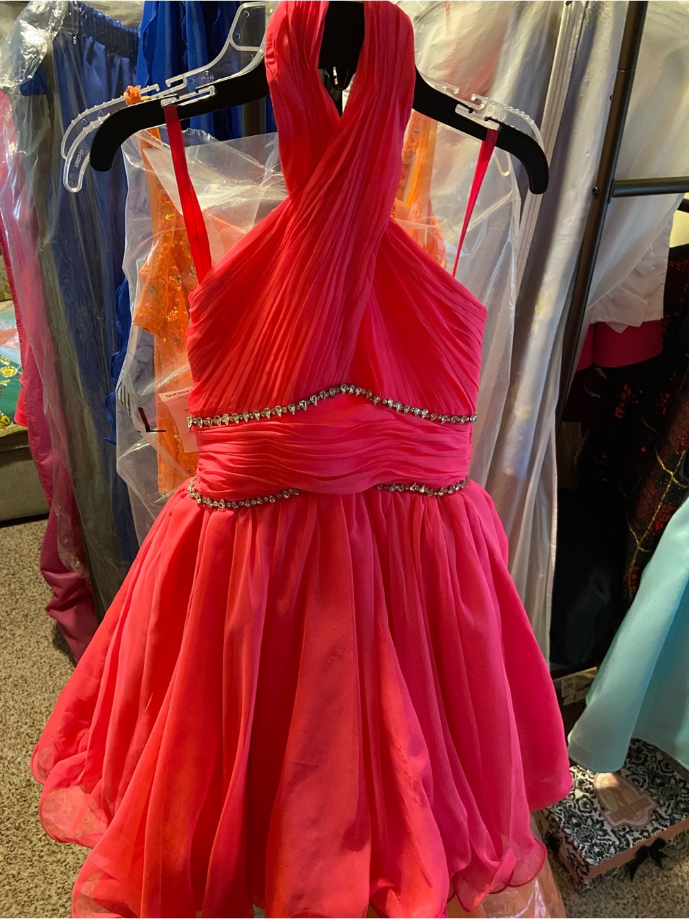 Girls' Hot Pink Sleeveless Party Dress with Rhinestone Waist